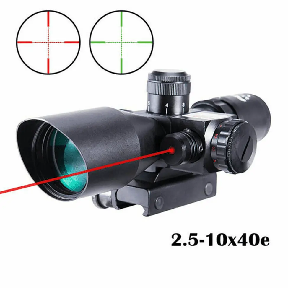 green lens construction with integrated laser and red or green reticle for hunting