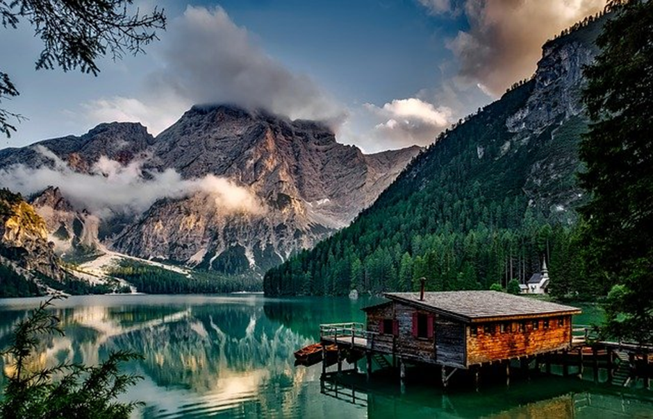 mountains, lake, house