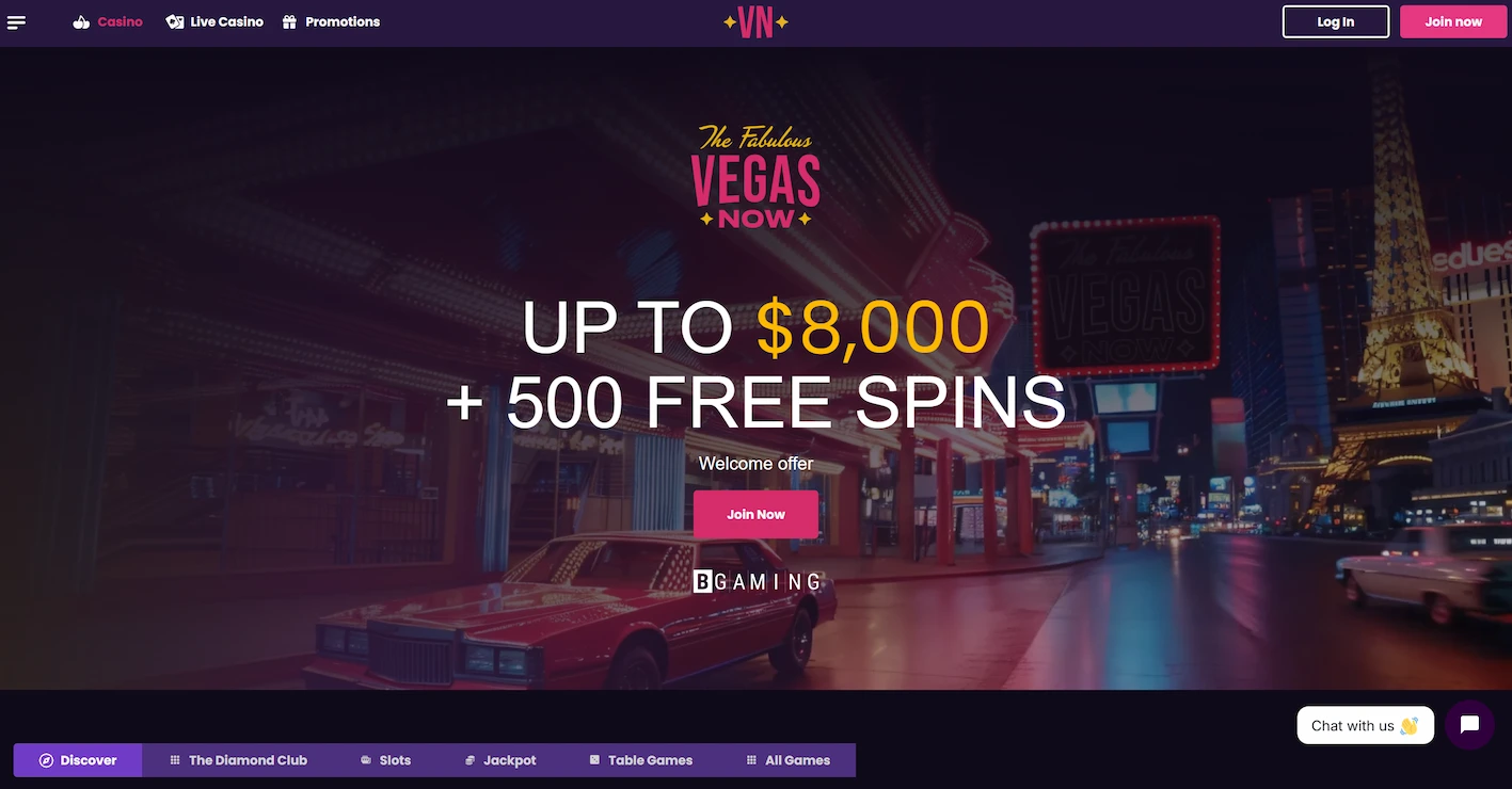 VegasNow casino page showing welcome offer and site navigation menu